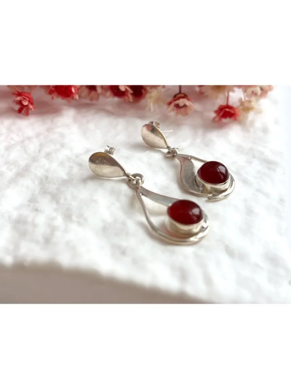 Carnelian Stone Midcentury Modern Stylized Vintage Sterling Silver 925 Earrings